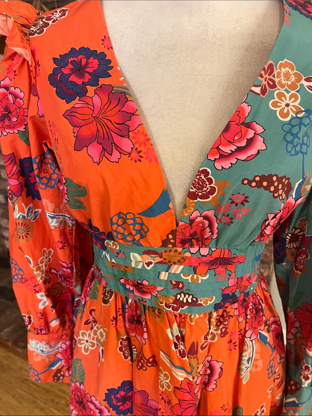 Misa Hylton for INC Orange & Teal Floral V-Neck Mini Dress with Waist Smocking - Picture 2 of 7